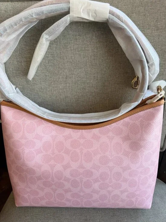 NWT Coach Gold/Powder Pink Laurel Shoulder Bag With Charms CEL12 Signature - Picture 2 of 6